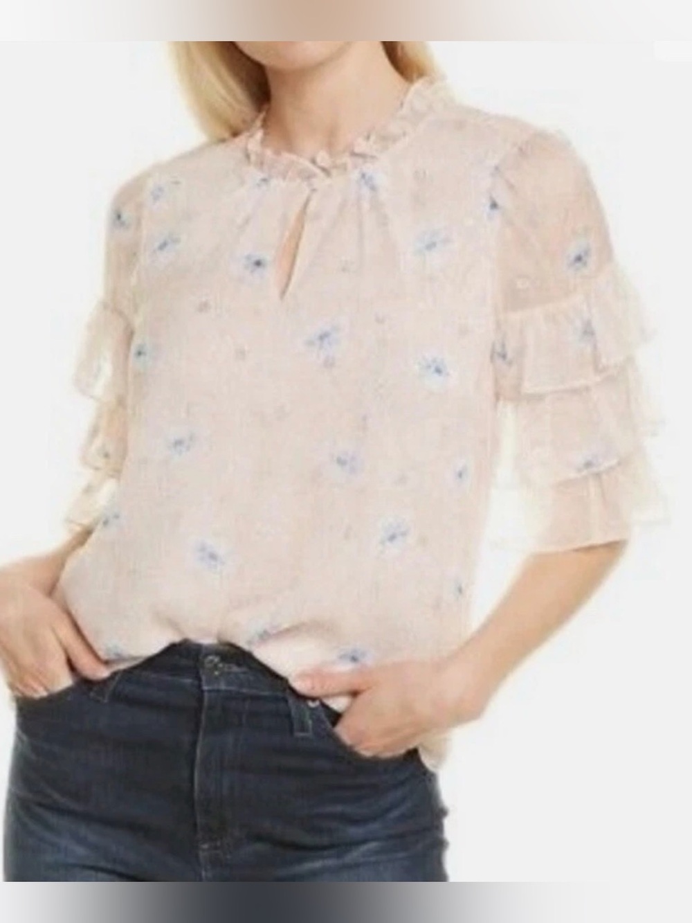Rebecca Taylor Floral Metallic Ruffle Sleeve Blouse Pink 8 90% Silk - Picture 9 of 9
